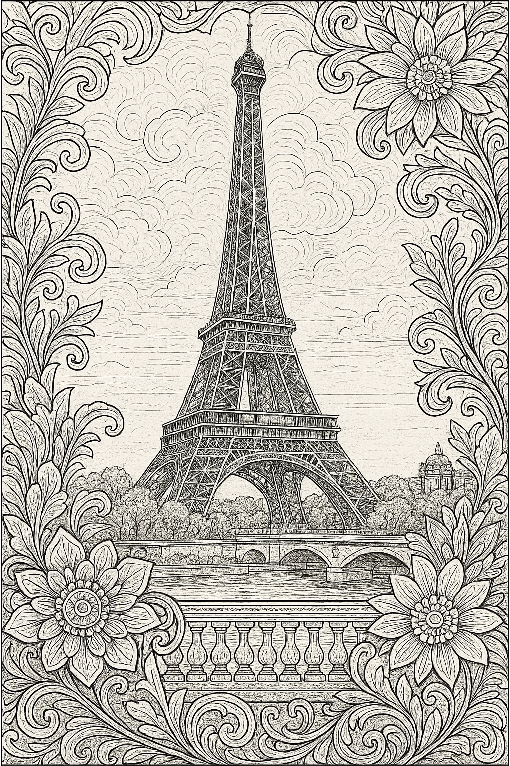 Black-and-cream printable coloring page of the Eiffel Tower with ornate floral and mandala-style borders, a detailed coloring page design that works as kids' coloring page, coloring sheets and a