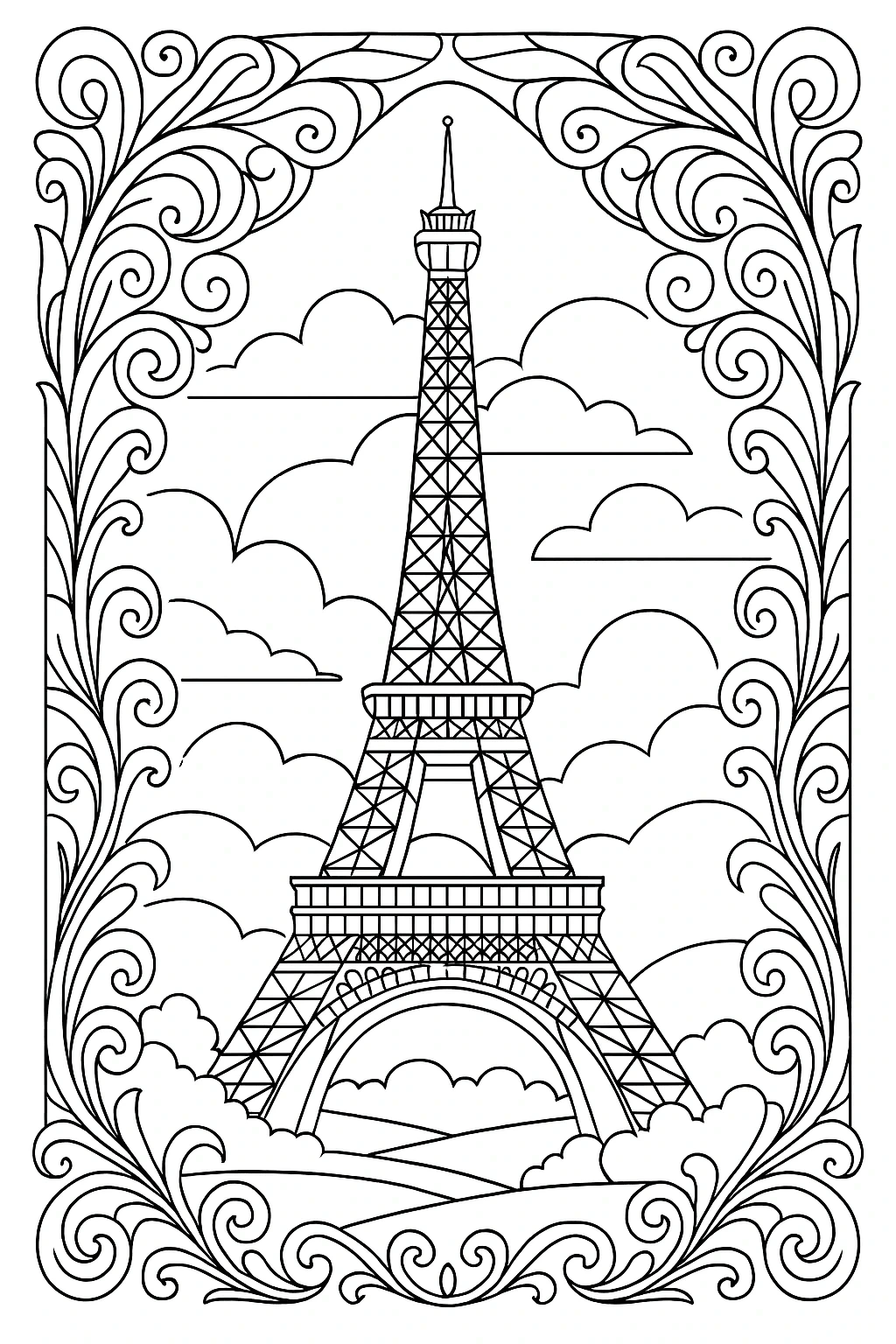 Black-and-white Eiffel Tower coloring page with ornate mandala-style border detailed coloring page, kids' coloring page, printable coloring page and coloring sheets for all ages.