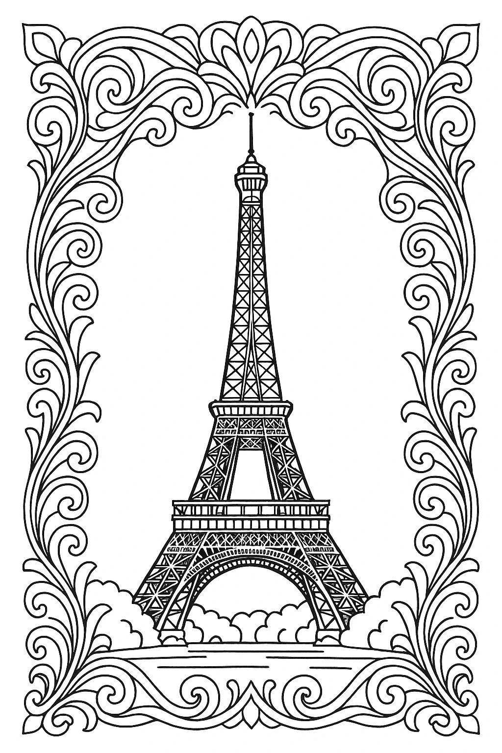 Black and white Eiffel Tower coloring sheet with ornate mandala-style border detailed coloring page, kids' coloring page, printable coloring page, coloring sheets.