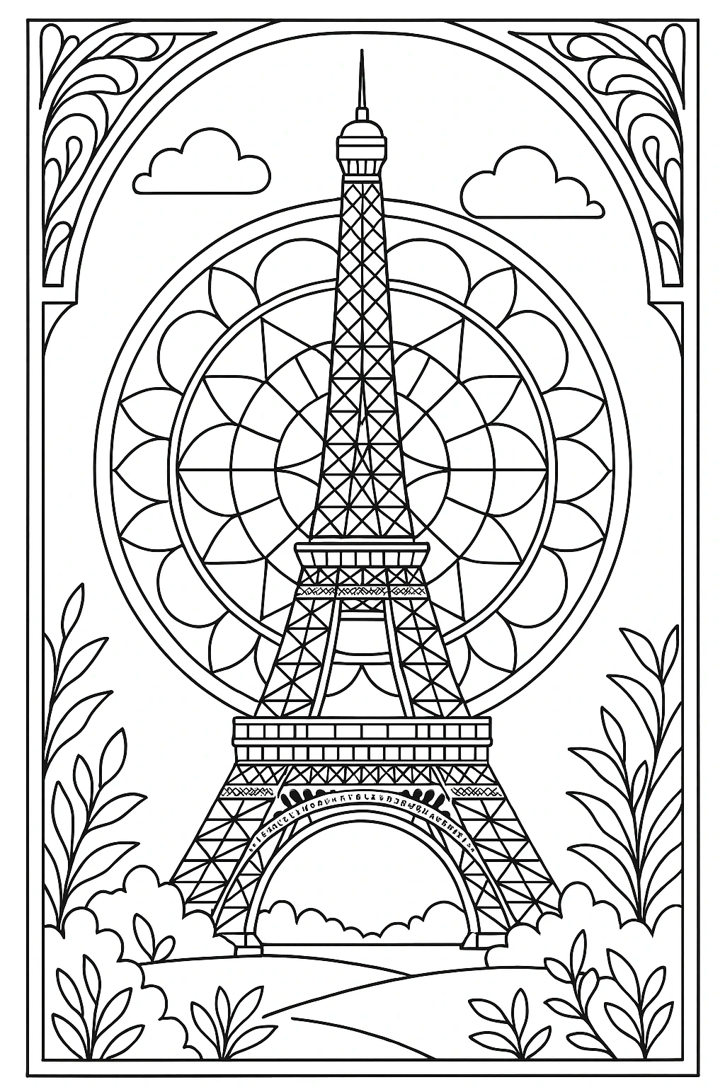 Eiffel Tower mandala line art detailed coloring page for kids' coloring page and adult colorists. printable coloring page style coloring sheets with architectural and floral elements, great for