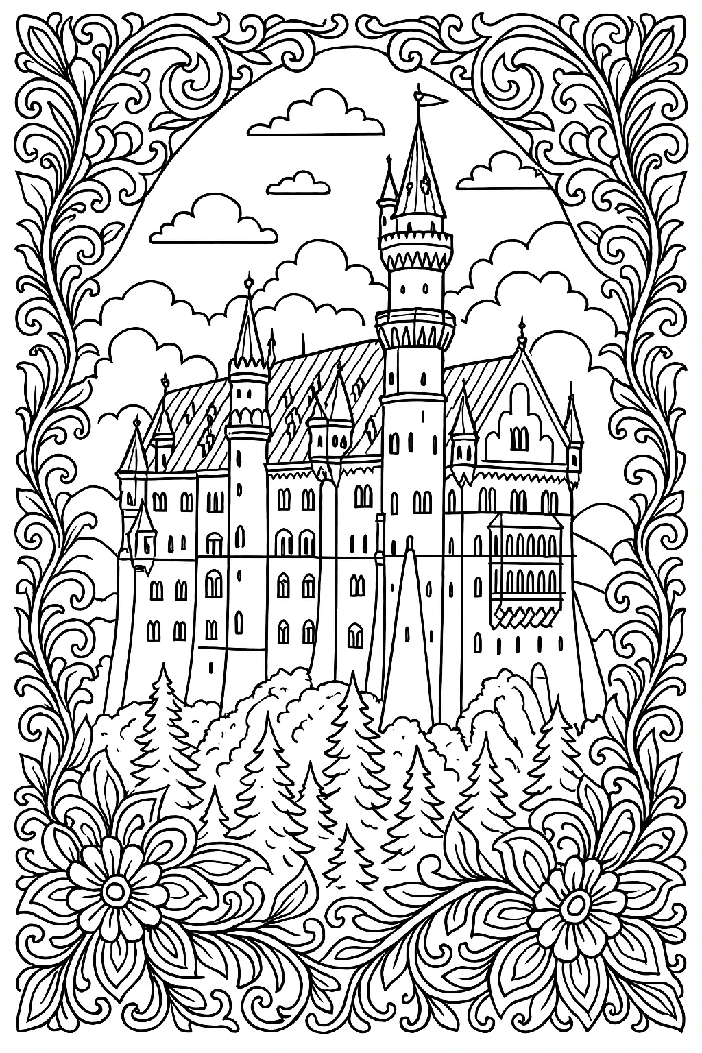 Intricate castle scene with floral mandala border printable coloring sheet for kids' coloring page and detailed coloring page; perfect for a printable coloring page and coloring sheets.
