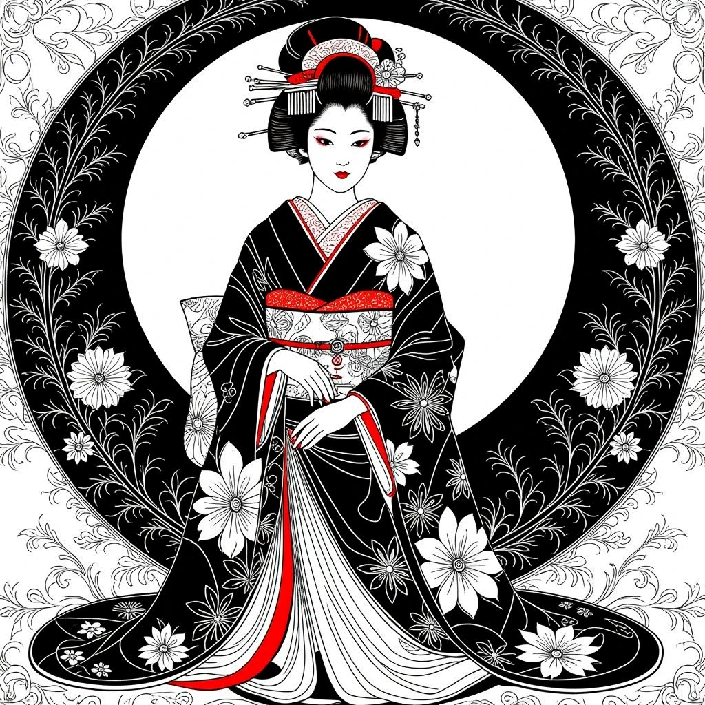 Black, white, and red geisha coloring page with floral mandala border detailed coloring page, kids' coloring page, printable coloring page, coloring sheets free printable.