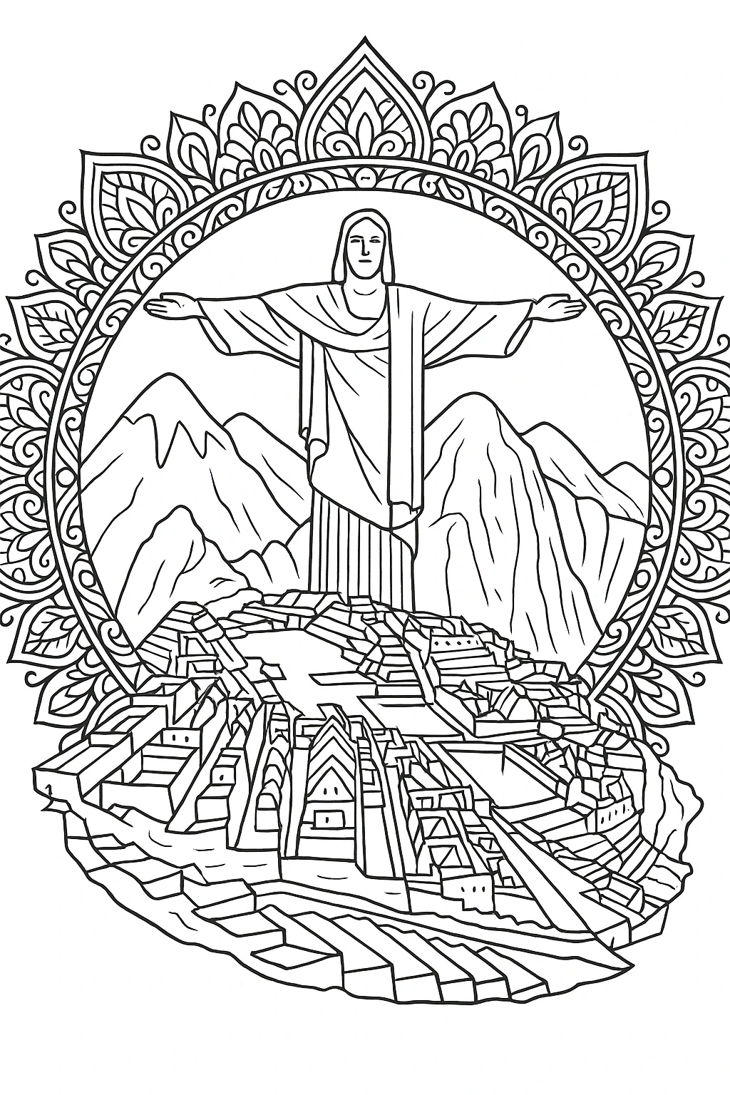 Black and white line art of a large statue with outstretched arms above terraces and mountains framed by a decorative mandala border printable coloring sheet, detailed coloring page, kids' coloring