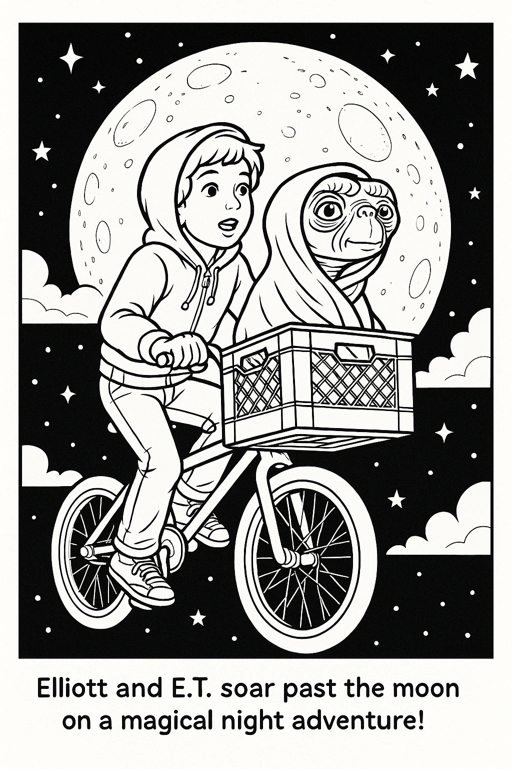 Black-and-white printable coloring sheet showing a boy on a bicycle carrying a wrapped friendly alien in a front crate as they fly past the moon; ideal detailed coloring page, kids' coloring page
