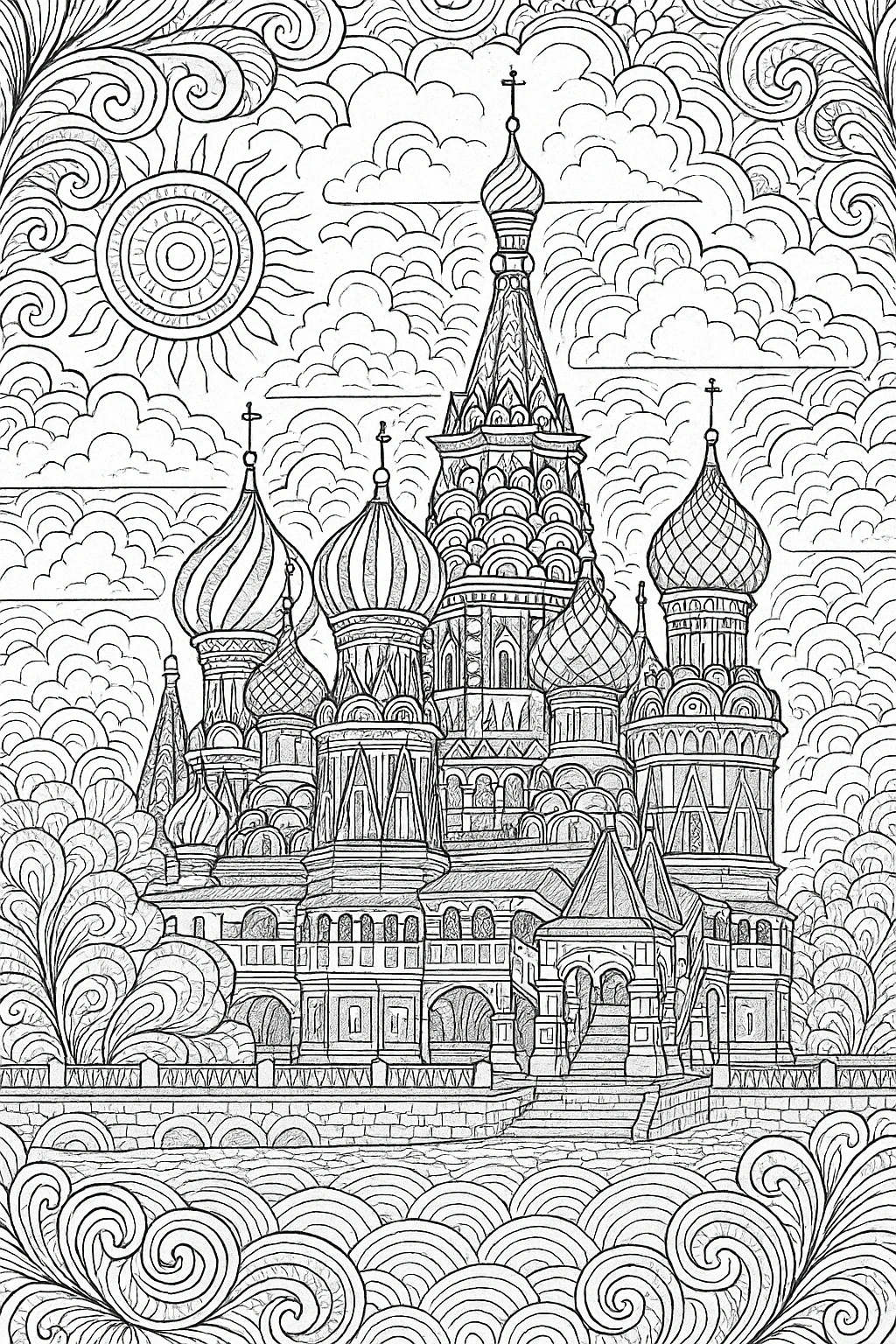 Black-and-white detailed cathedral coloring sheet with onion domes, mandala patterns, clouds and decorative borders detailed coloring page, kids' coloring page, printable coloring page, coloring