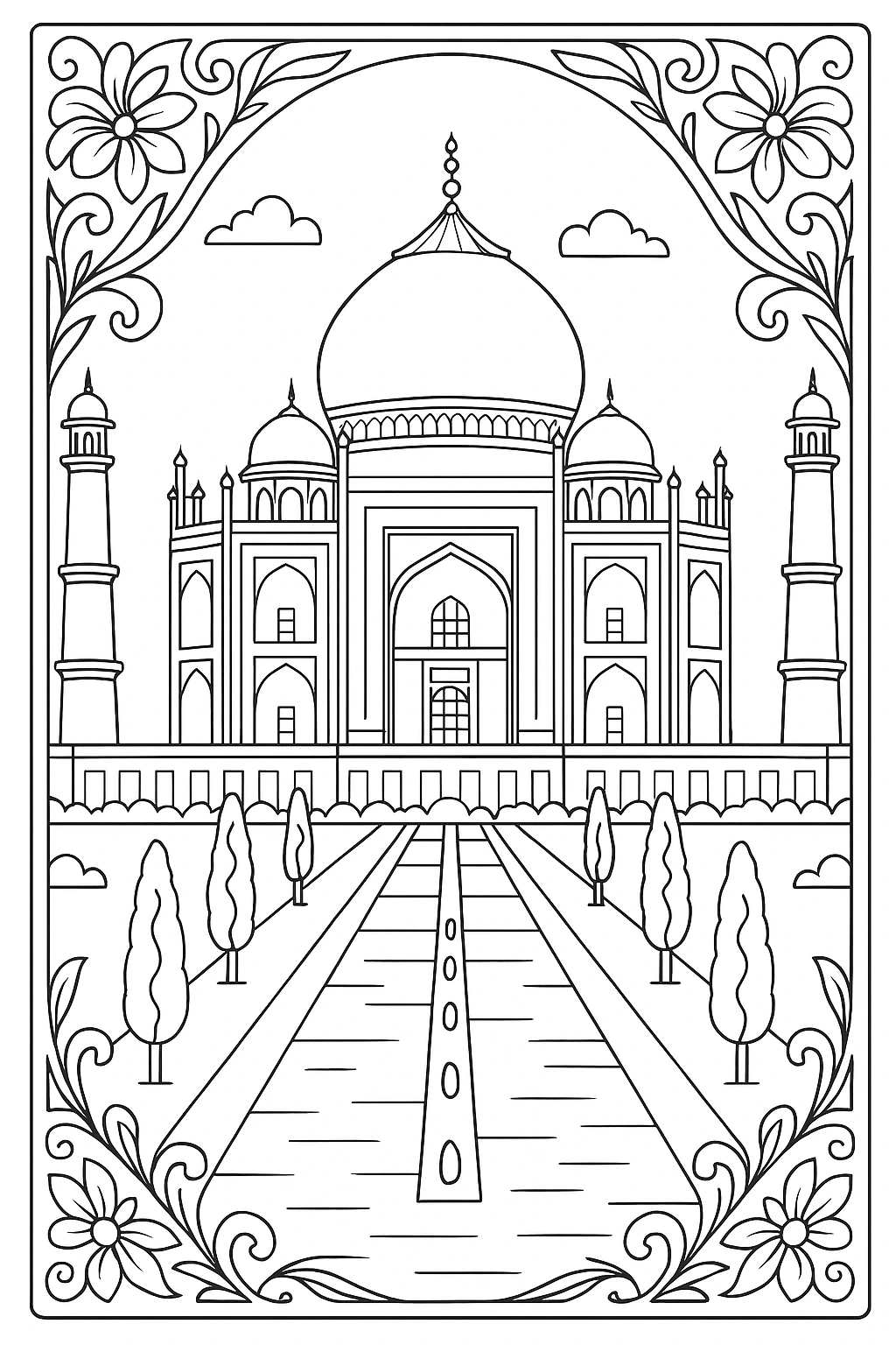 Black and white Taj Mahal coloring sheet with floral border a printable coloring page for kids' coloring page and detailed coloring page, a coloring sheet for all ages.