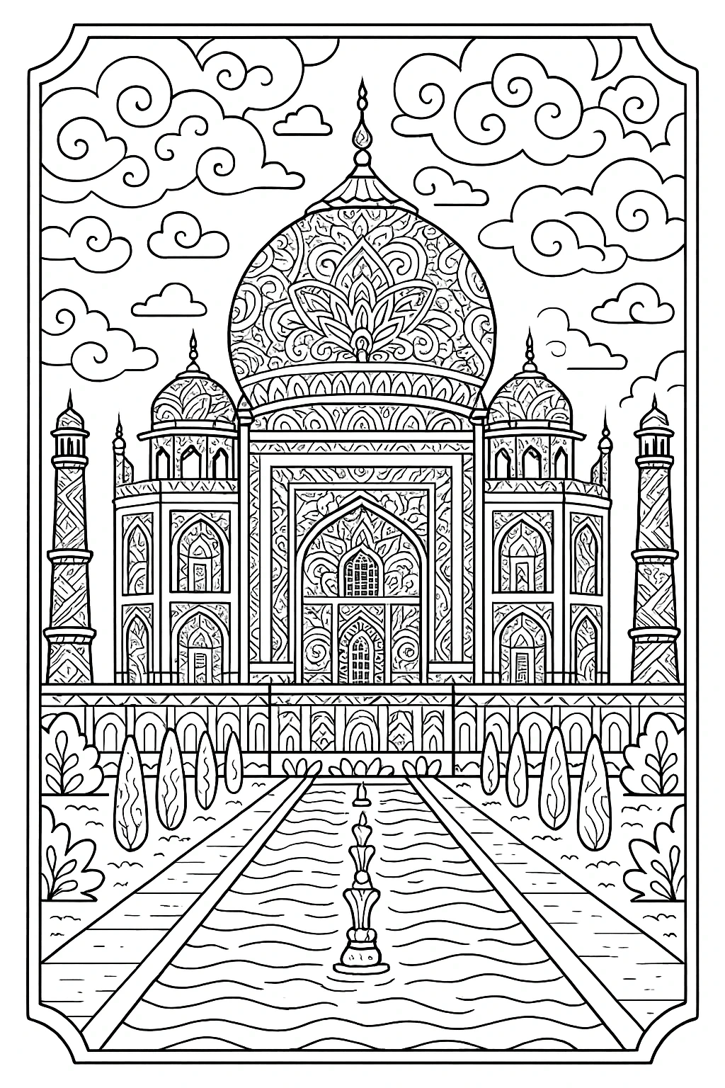 Taj Mahal coloring page with mandala patterns detailed coloring page, kids' coloring page, printable coloring page, coloring sheets.