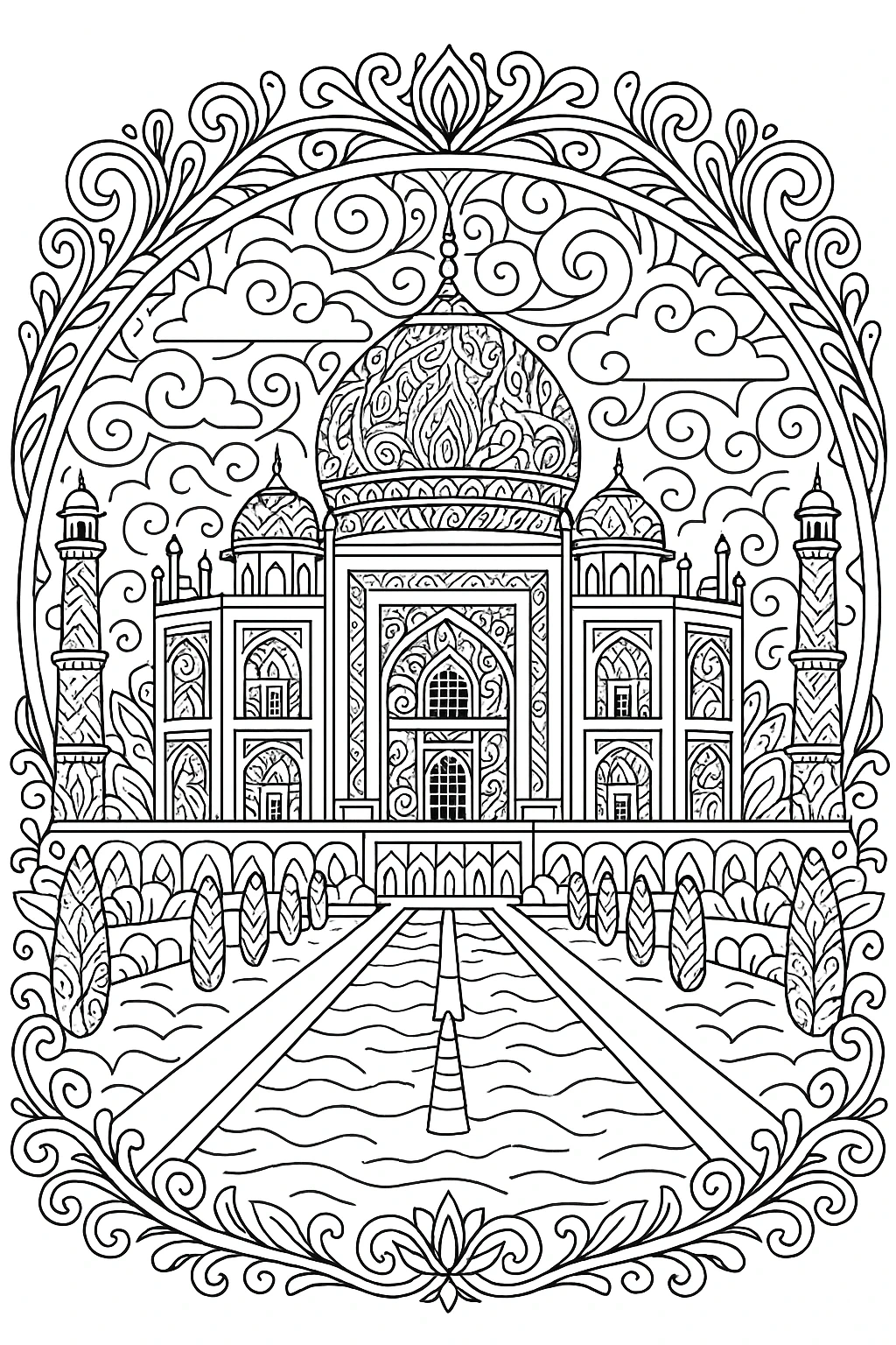 Black-and-white mandala-style Taj Mahal architecture coloring page with ornate dome, minarets, reflecting pool and decorative floral border detailed coloring page, kids' coloring page, printable