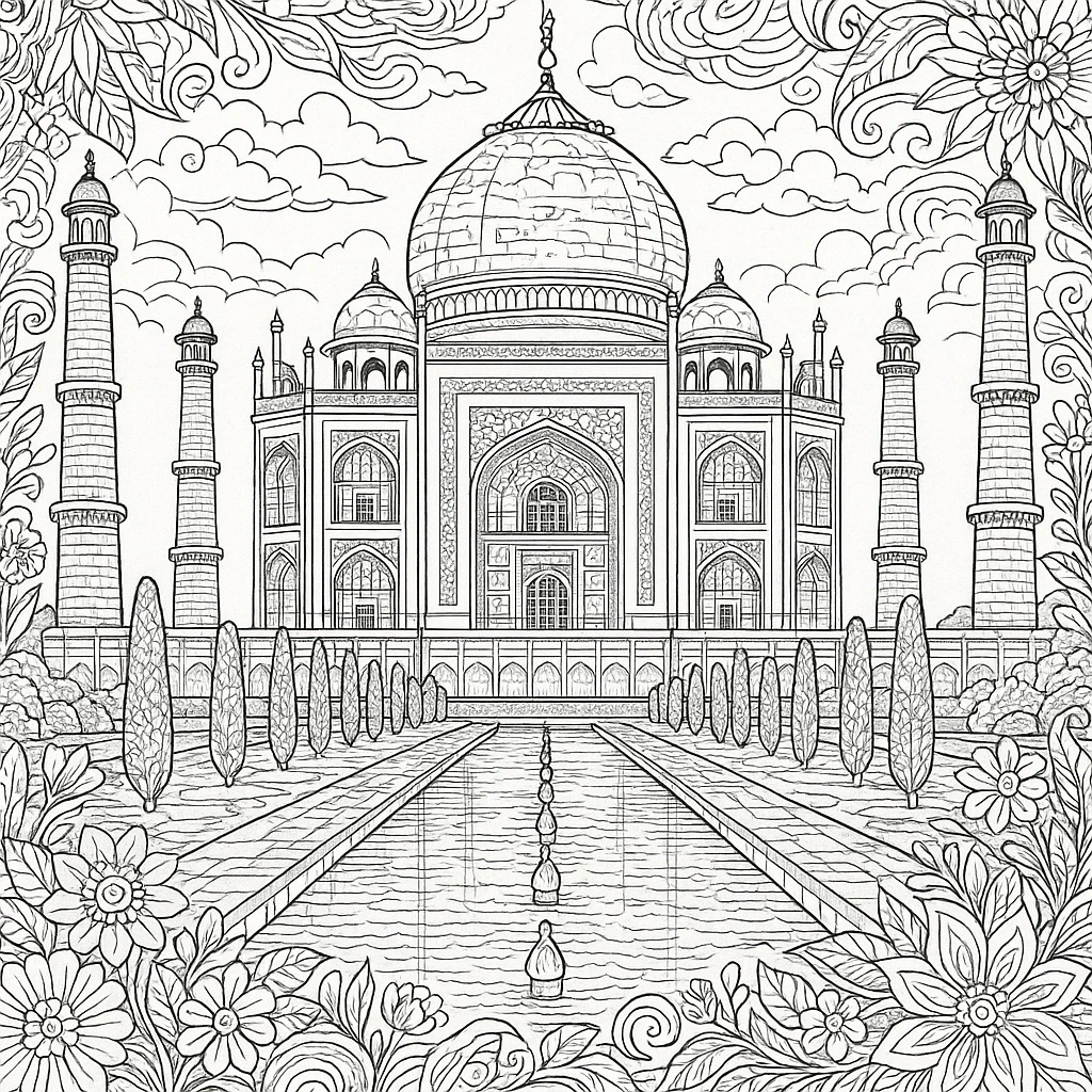 Taj Mahal line art coloring page with floral mandala border detailed coloring page, kids' coloring page, printable coloring page and coloring sheets.