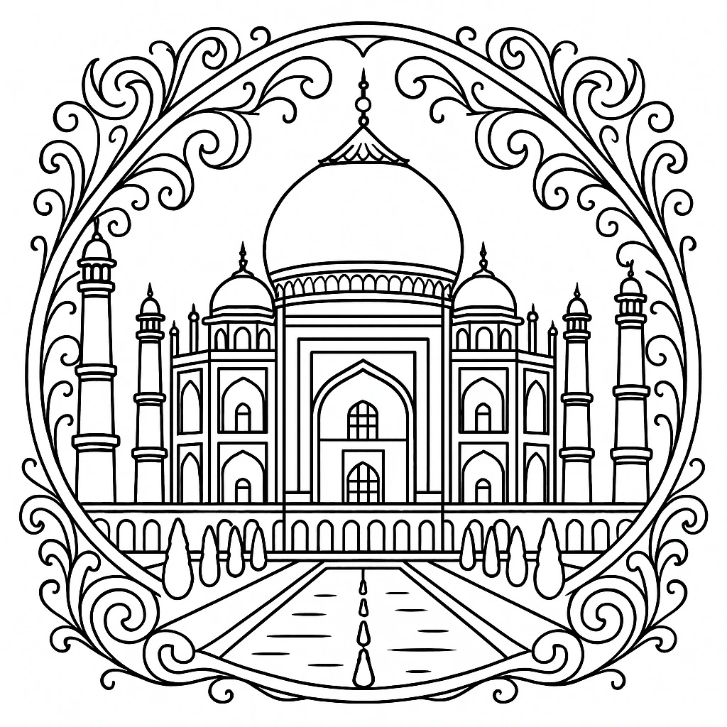 Taj Mahal mandala coloring page detailed coloring page line art for kids' coloring page and printable coloring page; intricate coloring sheets for relaxing mandala fun.