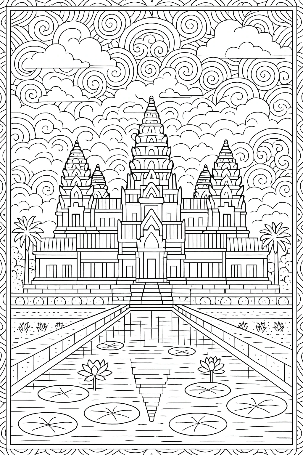 Black-and-white temple line art coloring page with lotus pond reflection, swirled cloud mandala background a detailed coloring page scene that works as kids' coloring page, printable coloring page and