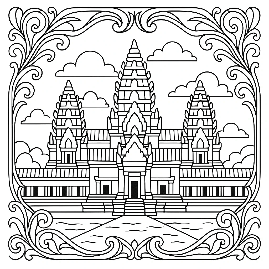 Black-and-white temple coloring page with ornate mandala-style border. A printable coloring sheet ideal for detailed coloring page, kids' coloring page, and a printable coloring page. Intricate lines.