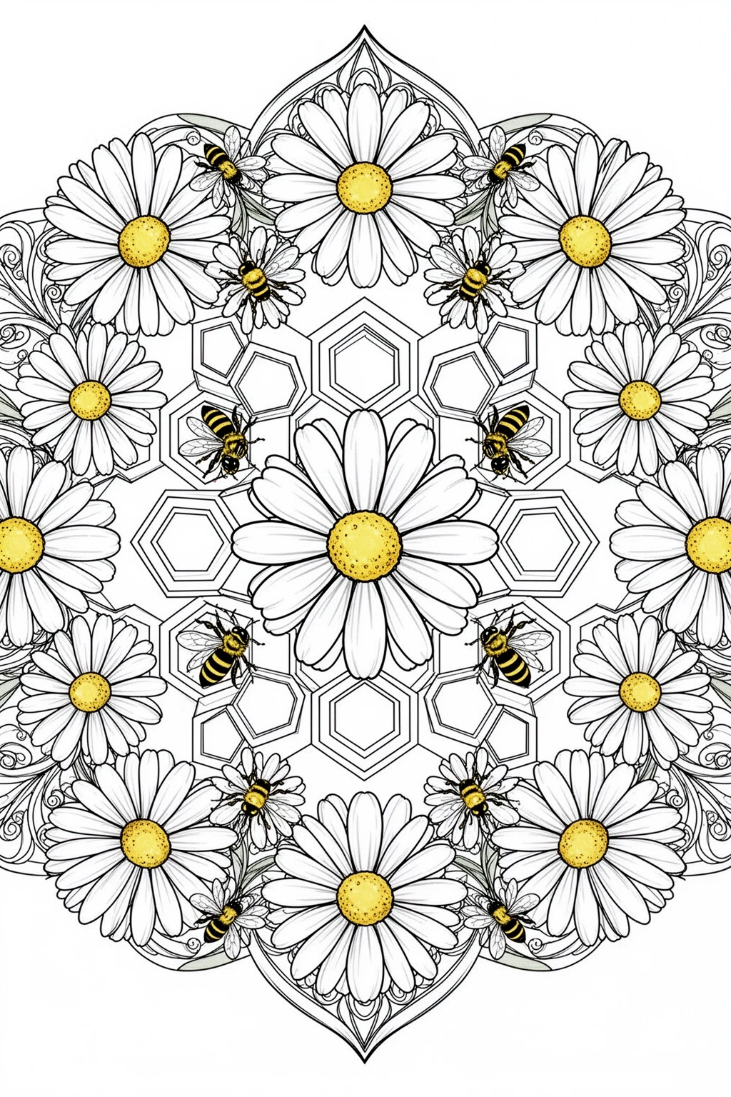 Spring daisy and bee mandala coloring page.