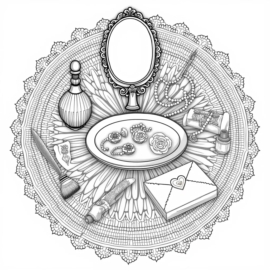 Free Vintage Vanity Mandala Coloring Page printable black and white coloring sheet.