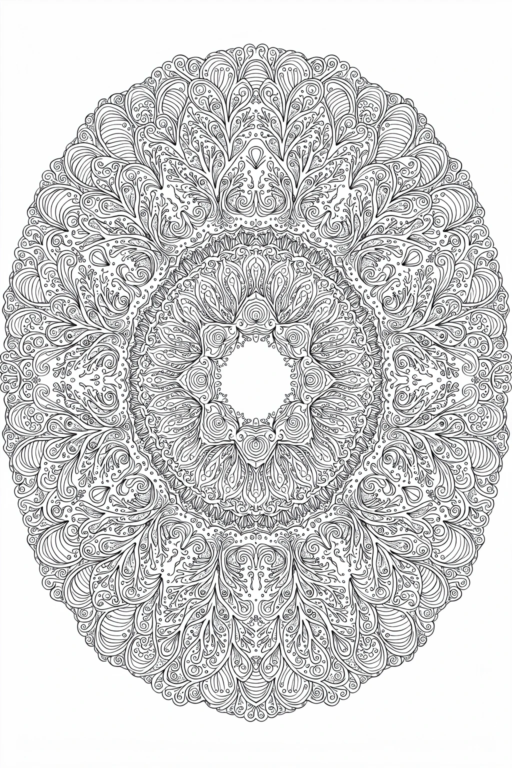 Black and white coloring page of intricate circular floral mandala with symmetrical leaf and swirl patterns for coloring