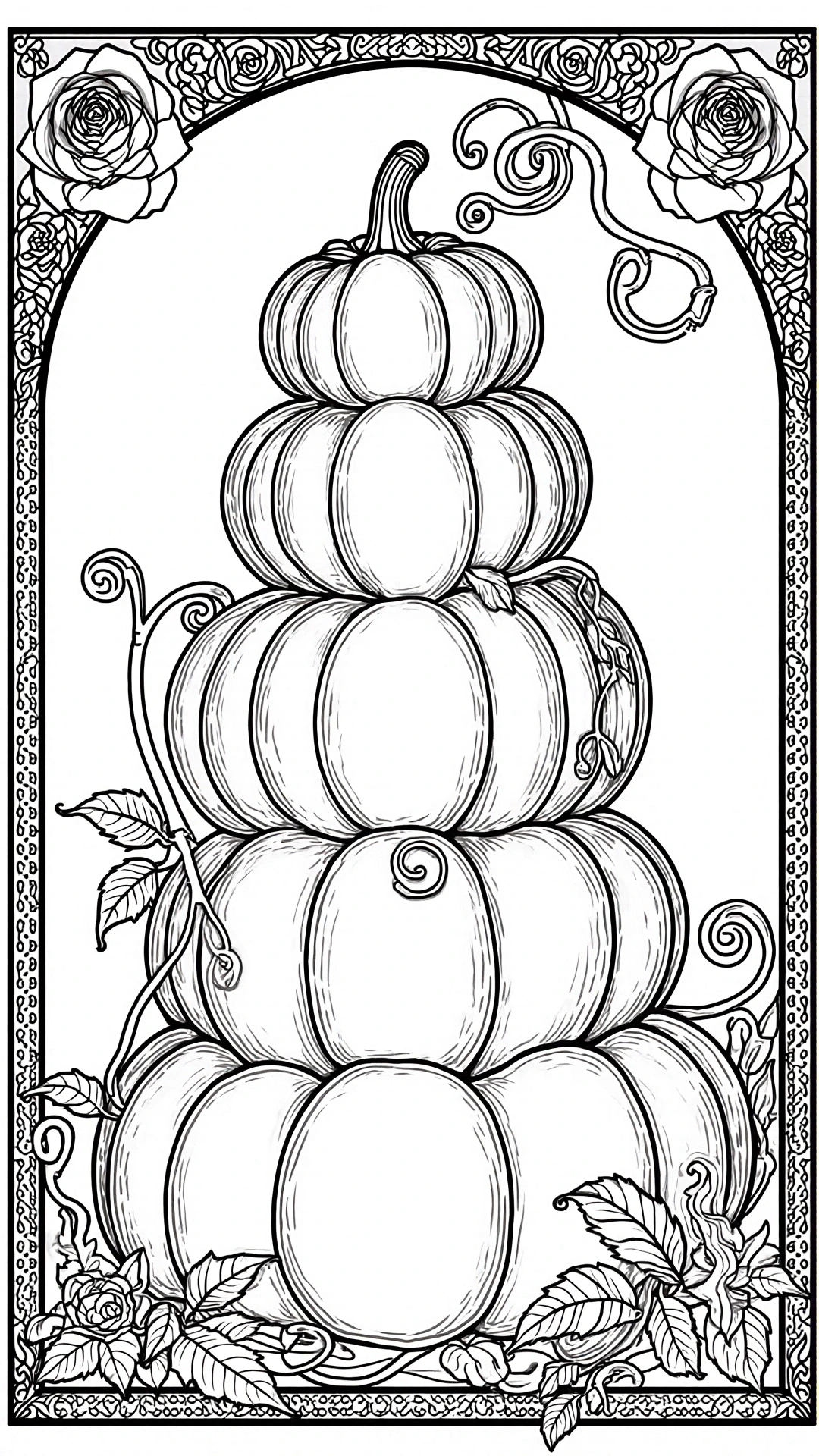Black-and-white illustration of a stacked pumpkin tower with vines and floral, mandala-style border ideal for fall and Halloween detailed coloring page. Perfect for adults and kids' coloring page