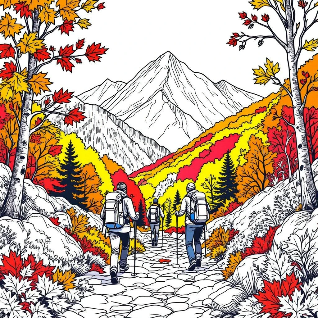 Black and white coloring page of three hikers with backpacks walking along a mountain trail through an autumn forest with colorful leaves and tall mountains in the background