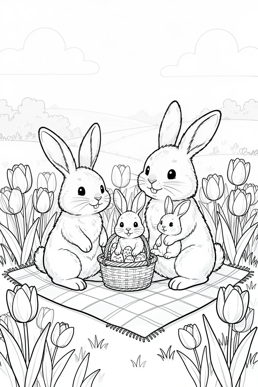 Bunny family picnic coloring page in a spring meadow with tulips and picnic blanket details.