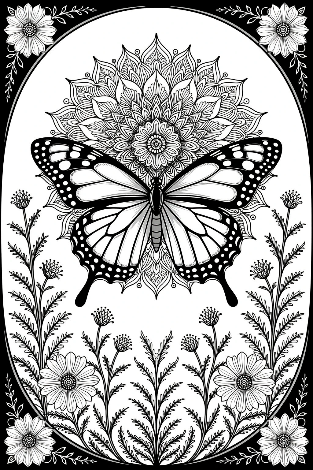 Black-and-white butterfly over a floral mandala with wildflowers one of our detailed coloring page for both adults and kids' coloring page. printable coloring page artwork and stand-alone coloring
