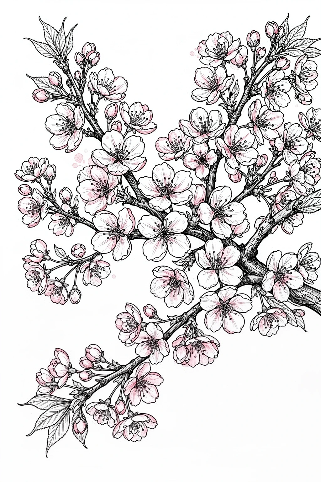 Cherry blossom branch drawing tutorial coloring page.