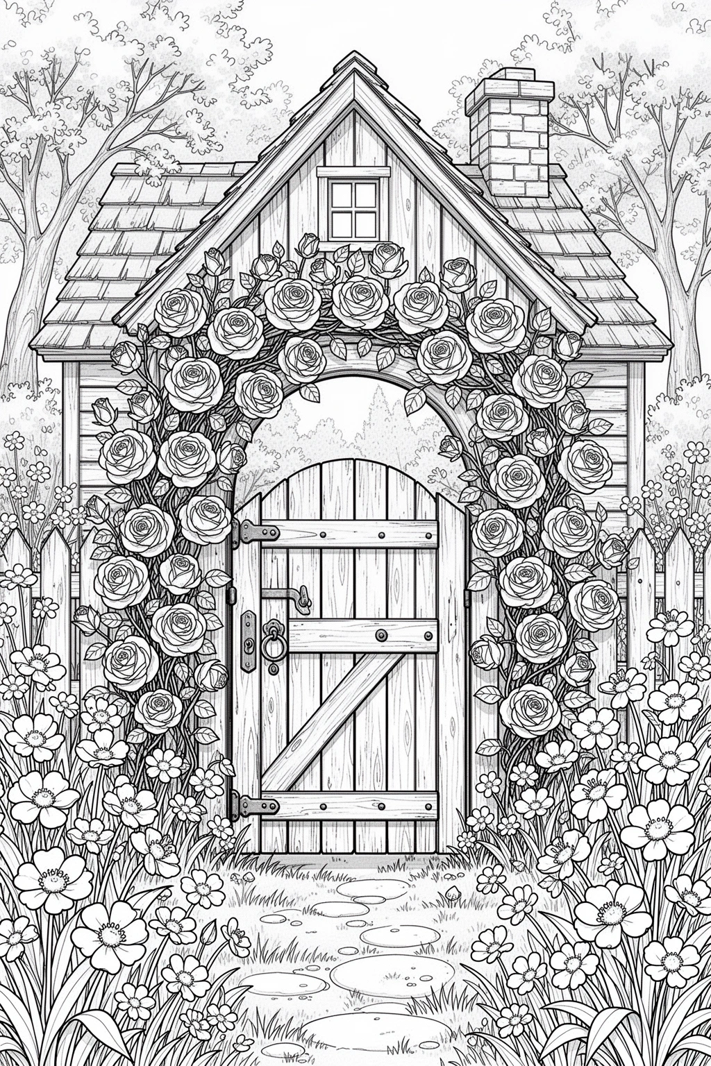 A flower-covered cottage garden gate coloring page PDF.