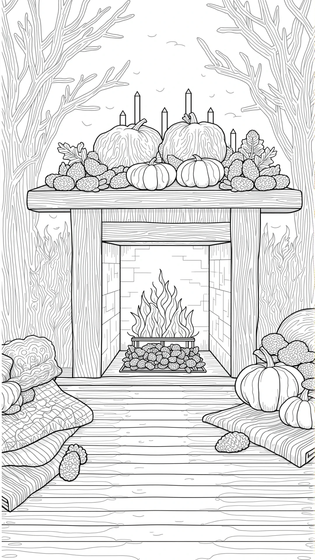 Intricate black and white coloring page of a cozy fall fireplace decorated with pumpkins, pinecones, candles, and blankets; perfect for detailed coloring page.