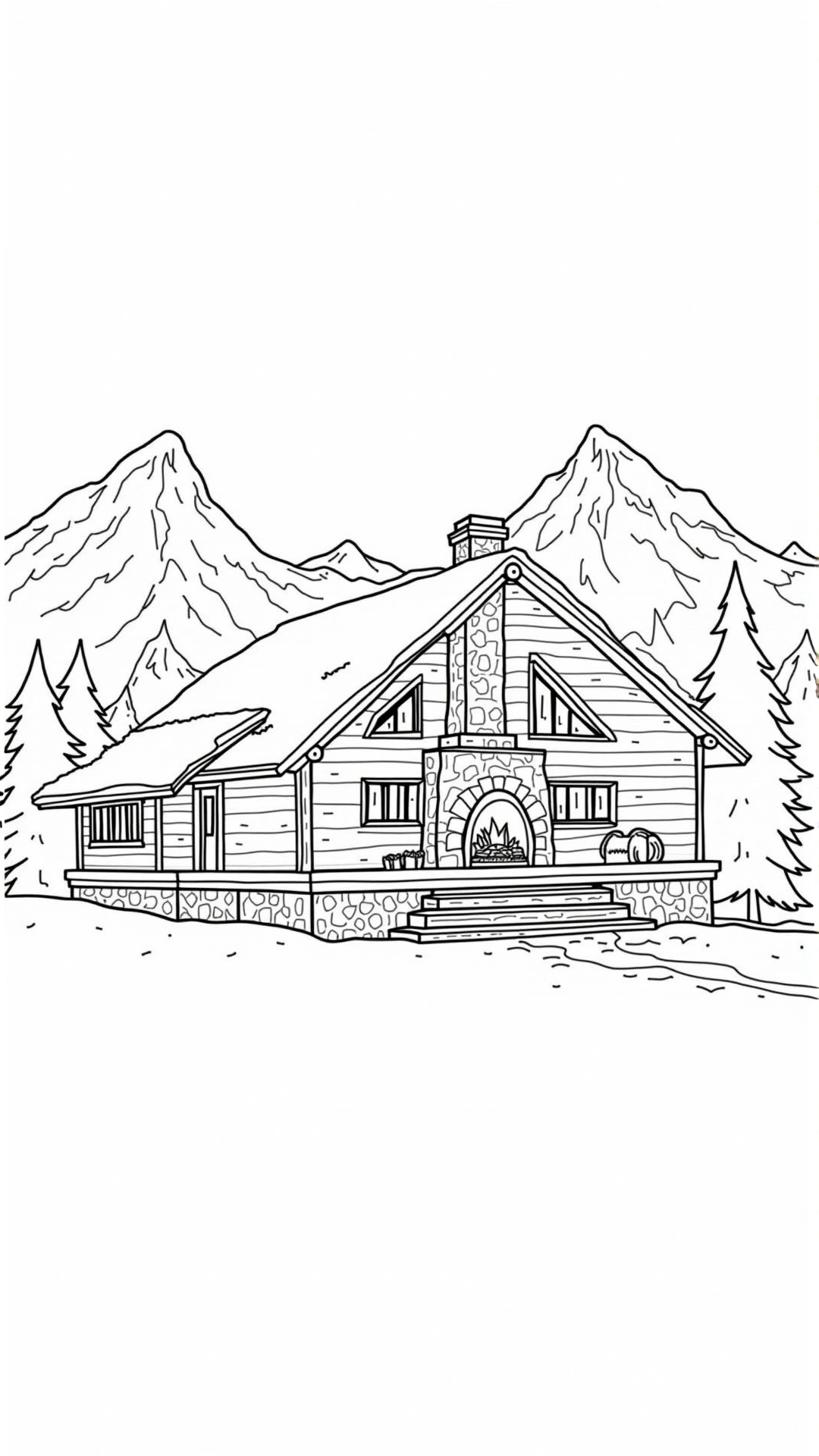 Black and white coloring page of cozy mountain cabin with a fireplace in a snowy forest, surrounded by tall pine trees and mountain peaks