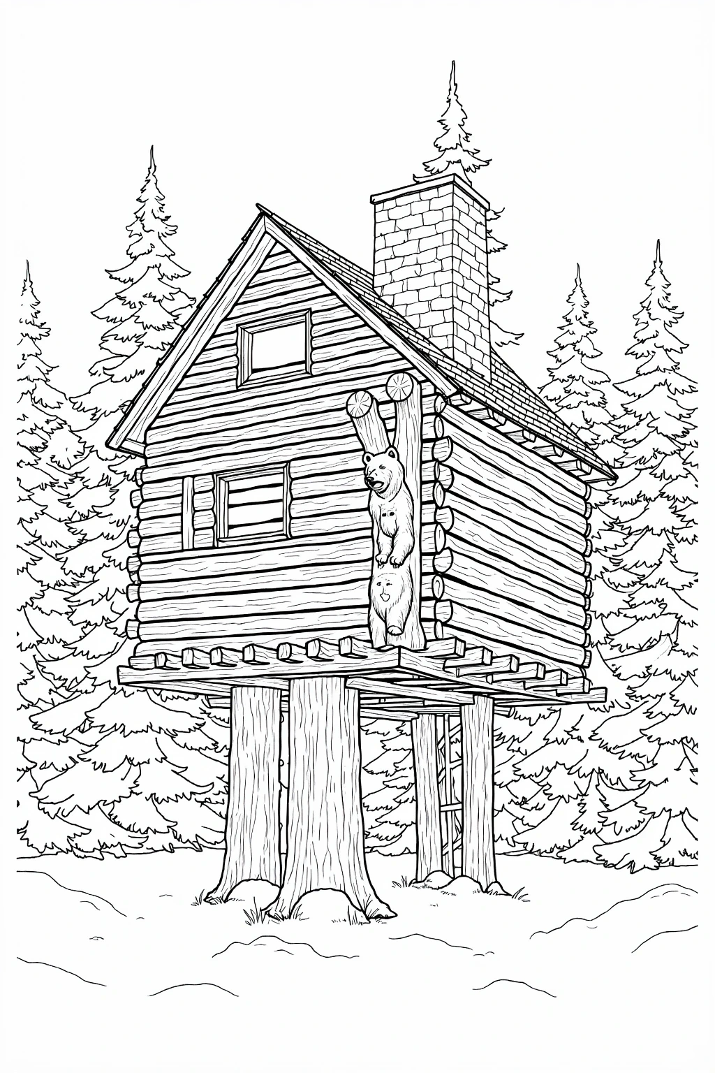 Black and white printable coloring page of a rustic treehouse cabin in a snowy pine forest, with a bear carving on the front, detailed wood textures, and winter scenery for kids' coloring page