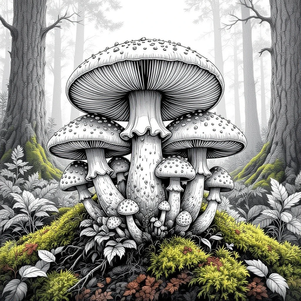 Black-and-white illustration of a cluster of forest mushrooms in a mossy woodland, designed as detailed coloring page for a printable coloring page; great for kids' coloring page or adult coloring