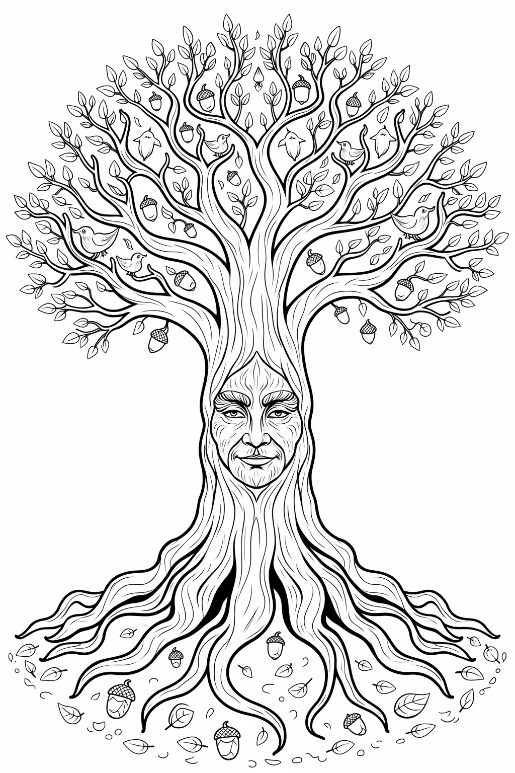 A detailed black and white coloring page of an enchanted tree with a human face in the trunk, birds perched on the branches, acorns, and many leaves.