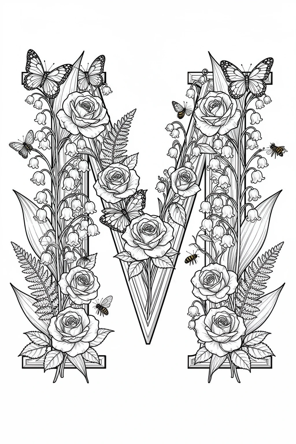 Black and white coloring page of decorative letter M filled with roses, lily of the valley, butterflies, and small bees in detailed black-and-white line art