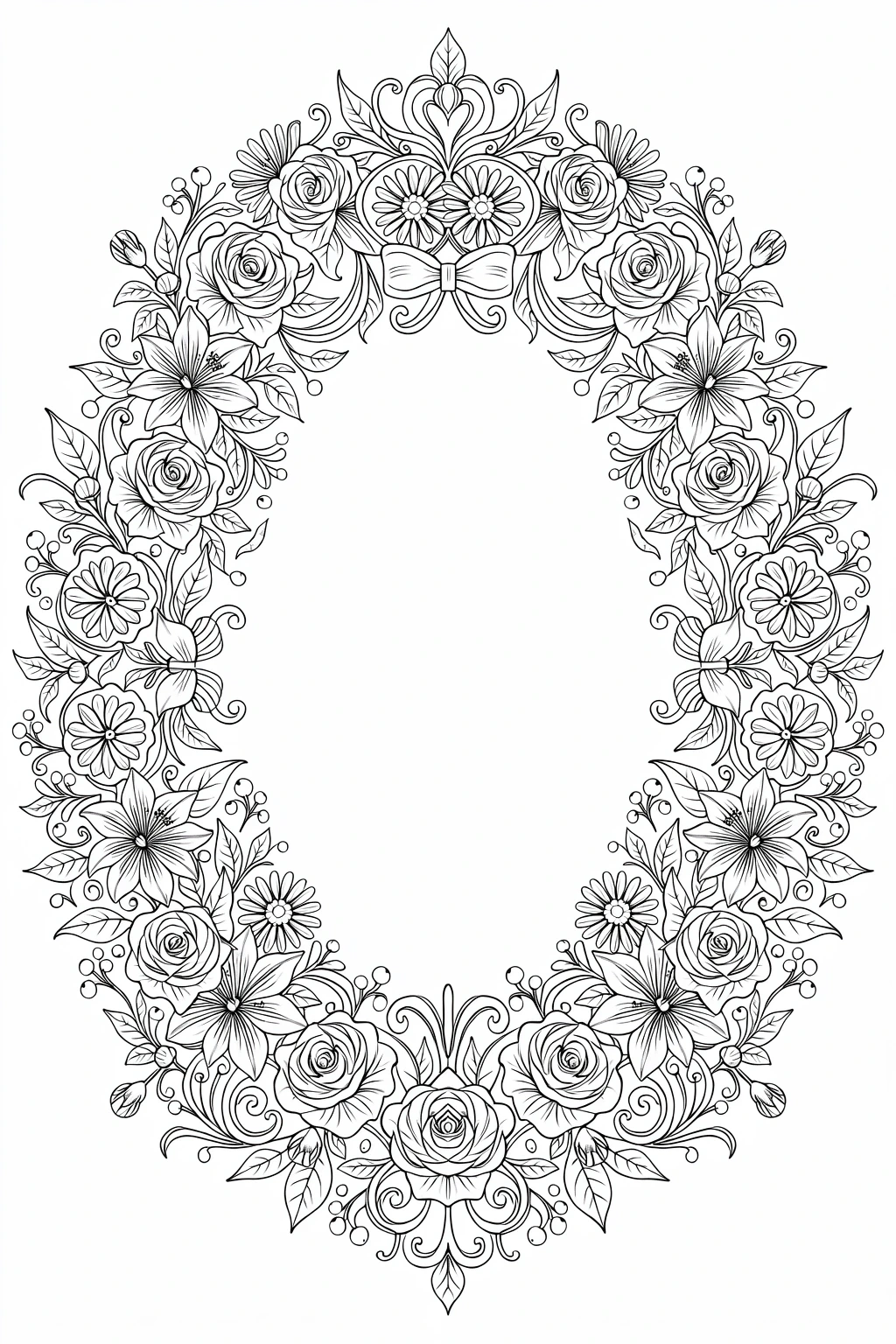 Black and white coloring page of ornate floral wreath frame with roses, daisies, leaves, and a small bow, leaving a blank center for coloring