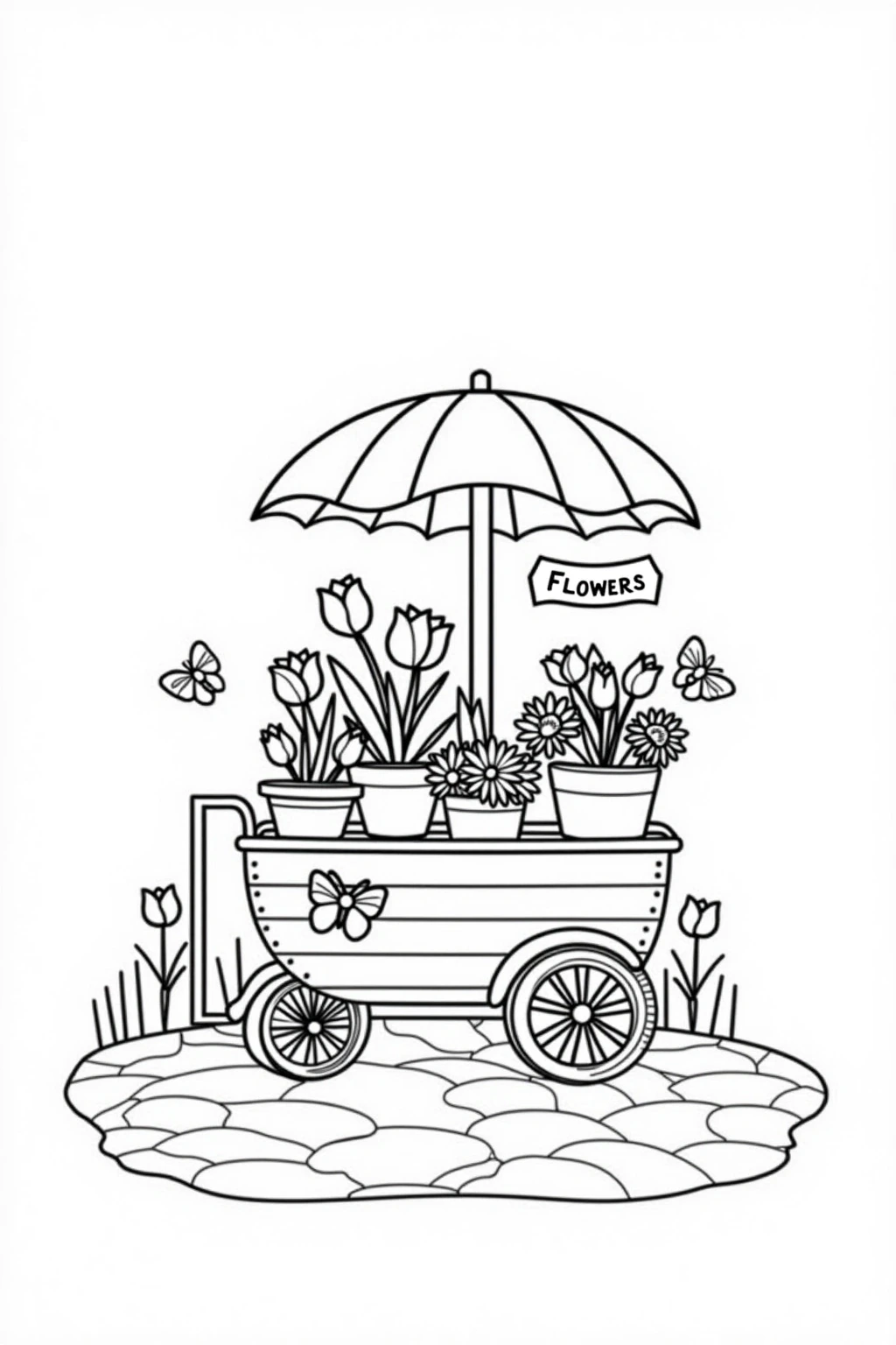 Coloring page of a flower cart with an umbrella, potted flowers, and butterflies on a cobblestone path.