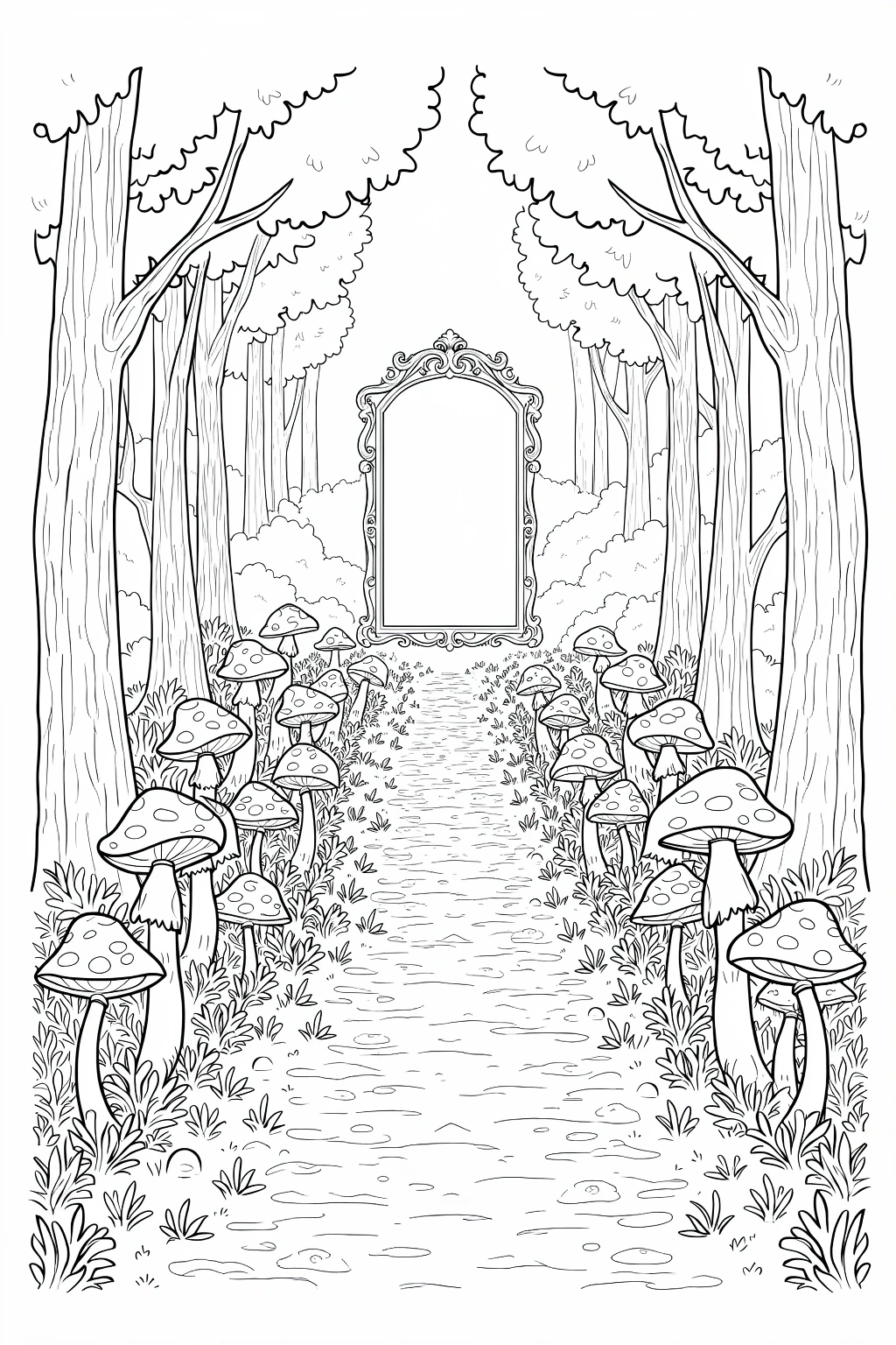 A detailed coloring page of a forest path lined with mushrooms and tall trees, with an ornate empty frame in the center.