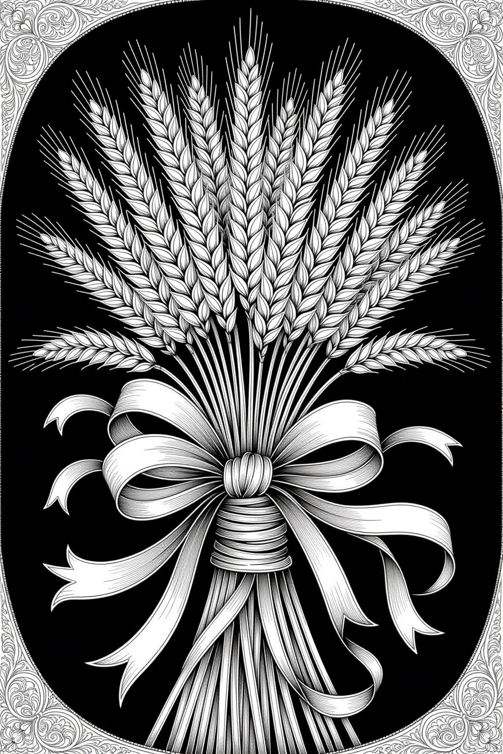 Intricate black-and-white fall harvest wheat sheaf tied with a flowing ribbon on a dark background; perfect for a printable coloring page. Works for detailed coloring page and kids' coloring page