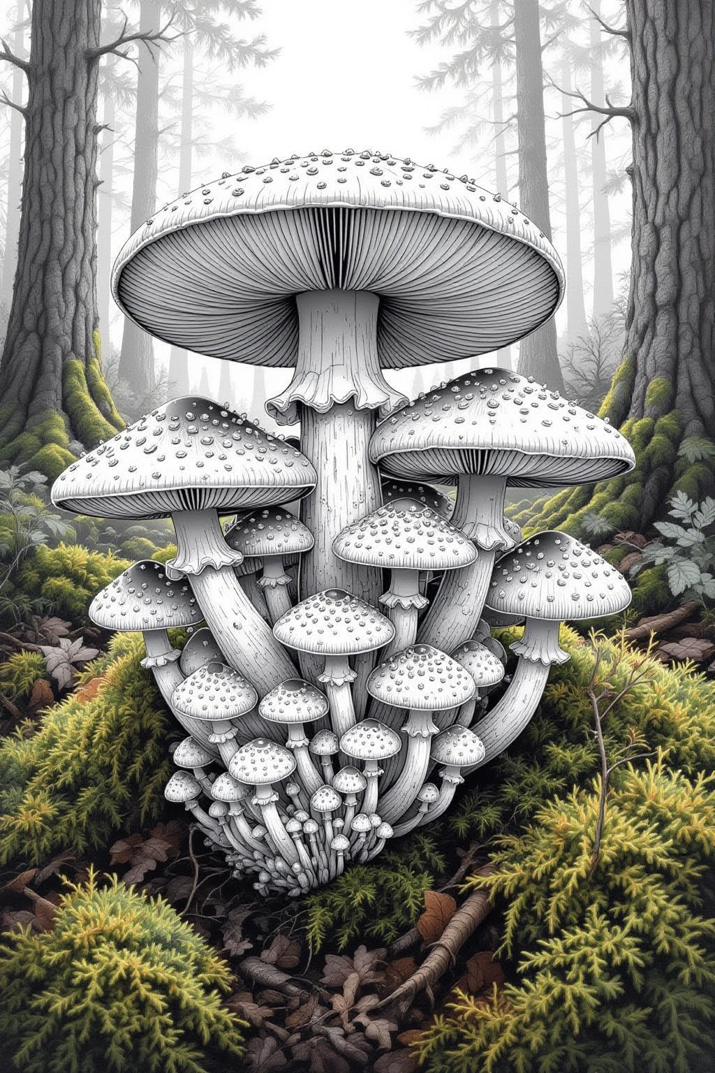 Highly detailed black-and-white illustration of a mushroom cluster in a mossy forest ideal for detailed coloring page, kids' coloring page, , printable coloring page collections, and single-page