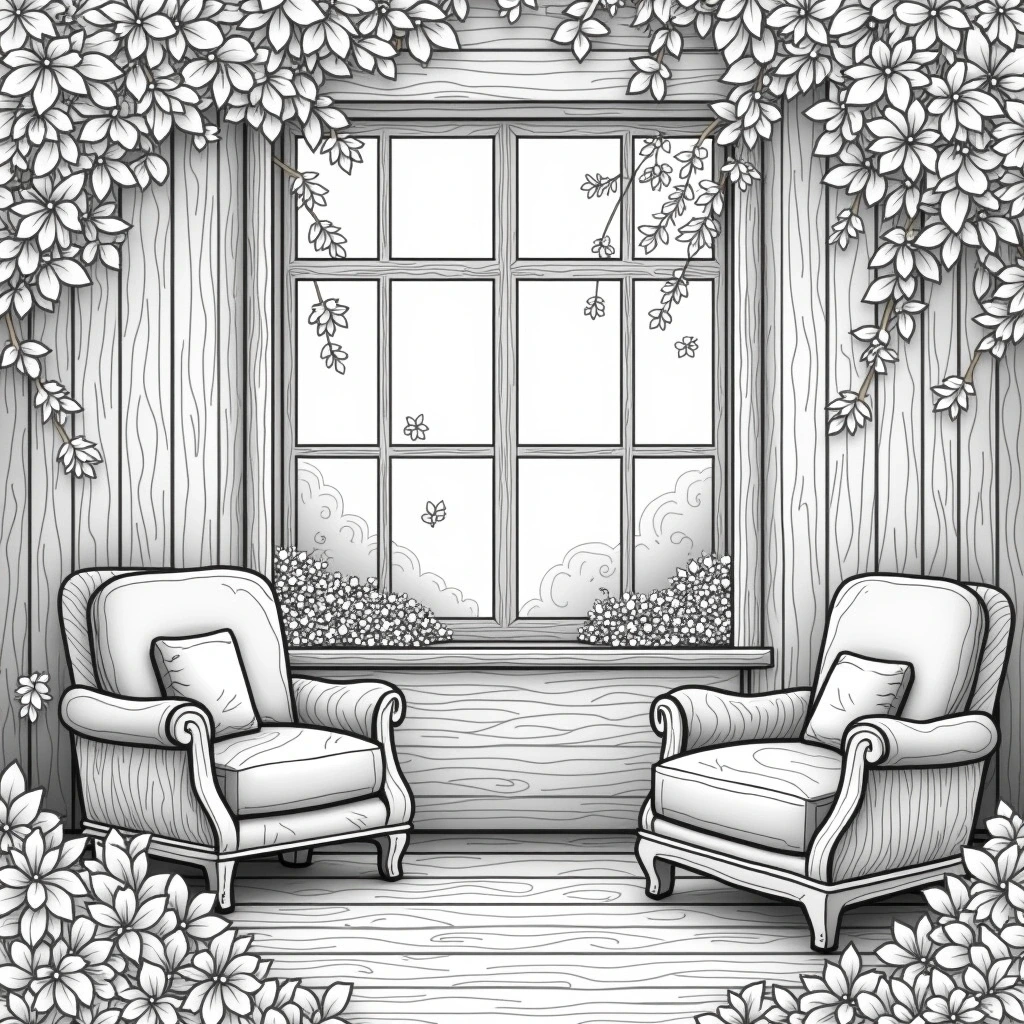 Black-and-white line art coloring page of a cozy home interior: two armchairs facing a window wrapped in spring flowers and vines.