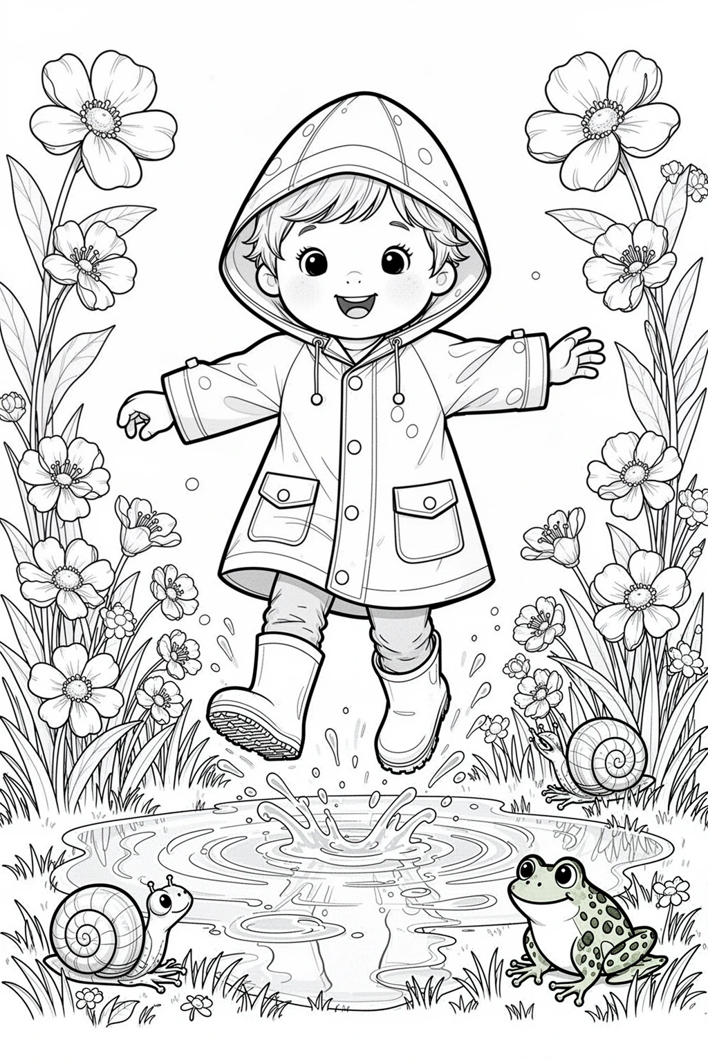 Black and white coloring page of cute child in rain boots splashing in puddles among blooming spring flowers