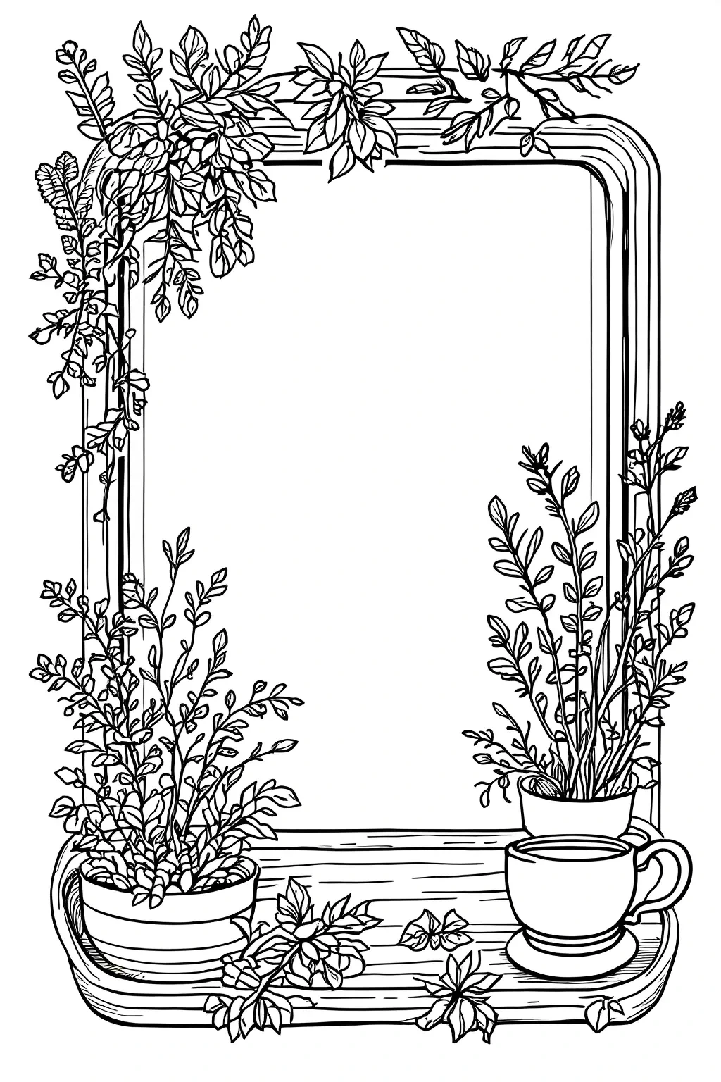 Free Botanical Window Frame Coloring Page printable black and white coloring sheet.