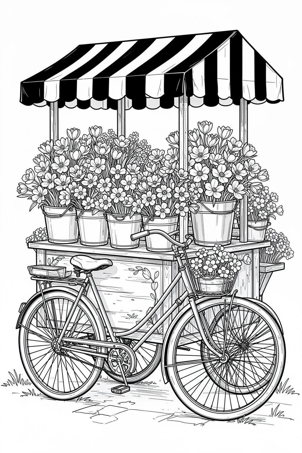coloring page of a flower market bicycle cart.