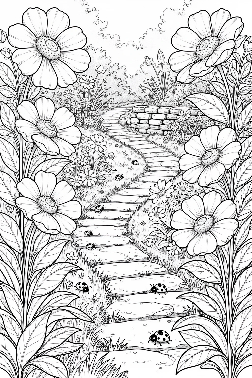 Ladybug garden path coloring page with flowers and spring nature details.