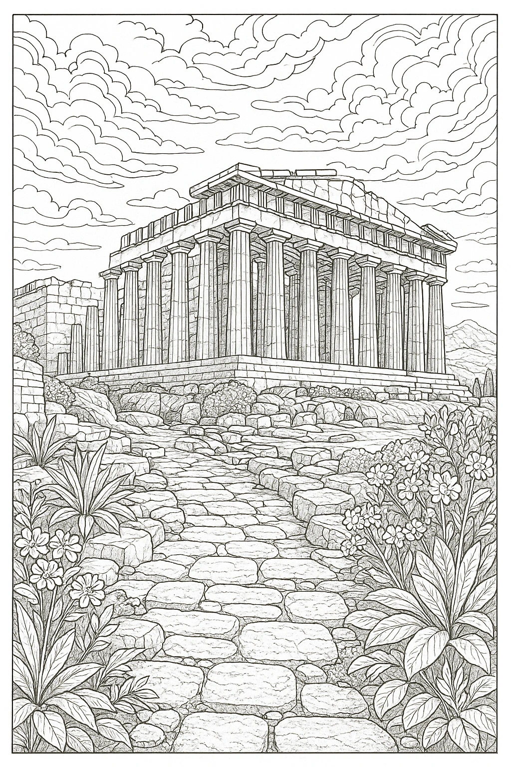 Black-and-white line art of an ancient temple with tall columns, stone pathway, rocky terraces and flowering plants in foreground; a printable coloring page scene offering detailed coloring page