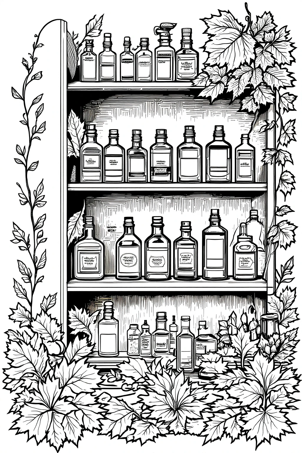 Black-and-white apothecary shelf coloring page with rows of bottles surrounded by leaves detailed coloring page, kids' coloring page, printable coloring page and coloring sheets for seasonal fall and