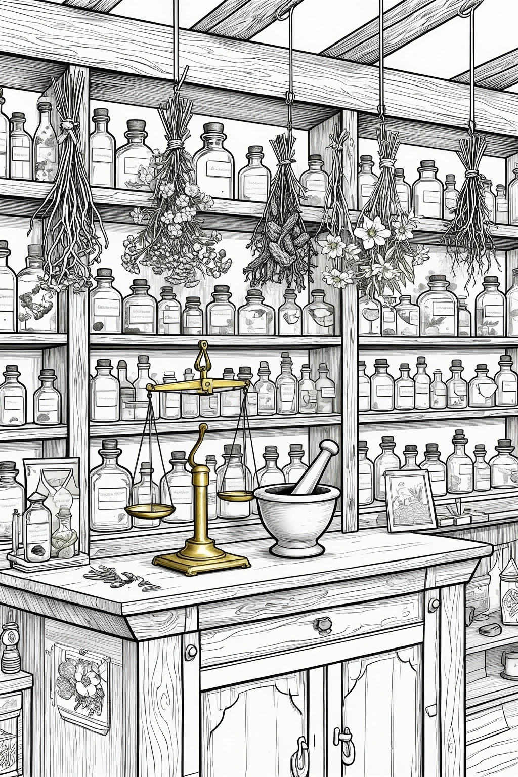 Black and white detailed coloring page of a cozy apothecary herb shop with shelves of bottles, hanging dried plants, a balance scale, and a mortar and pestle, designed as printable coloring sheets for