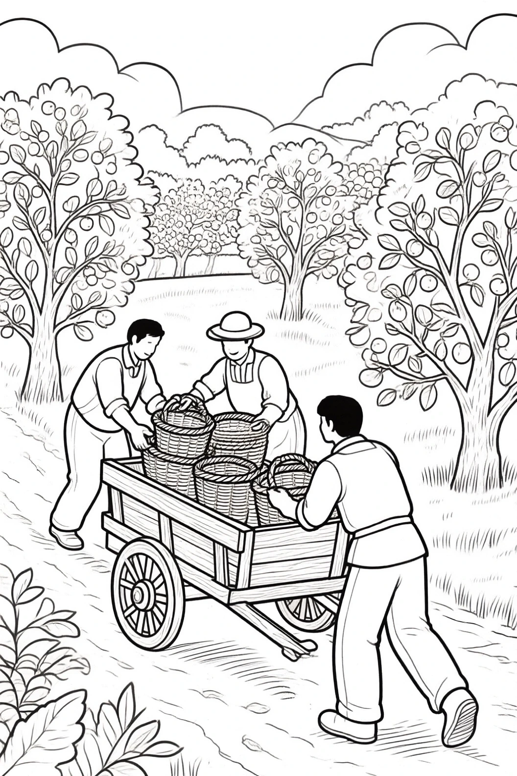 Black-and-white apple orchard scene with people loading baskets onto a wooden cart among fruit trees detailed coloring page, kids' coloring page, printable coloring page, coloring sheets.