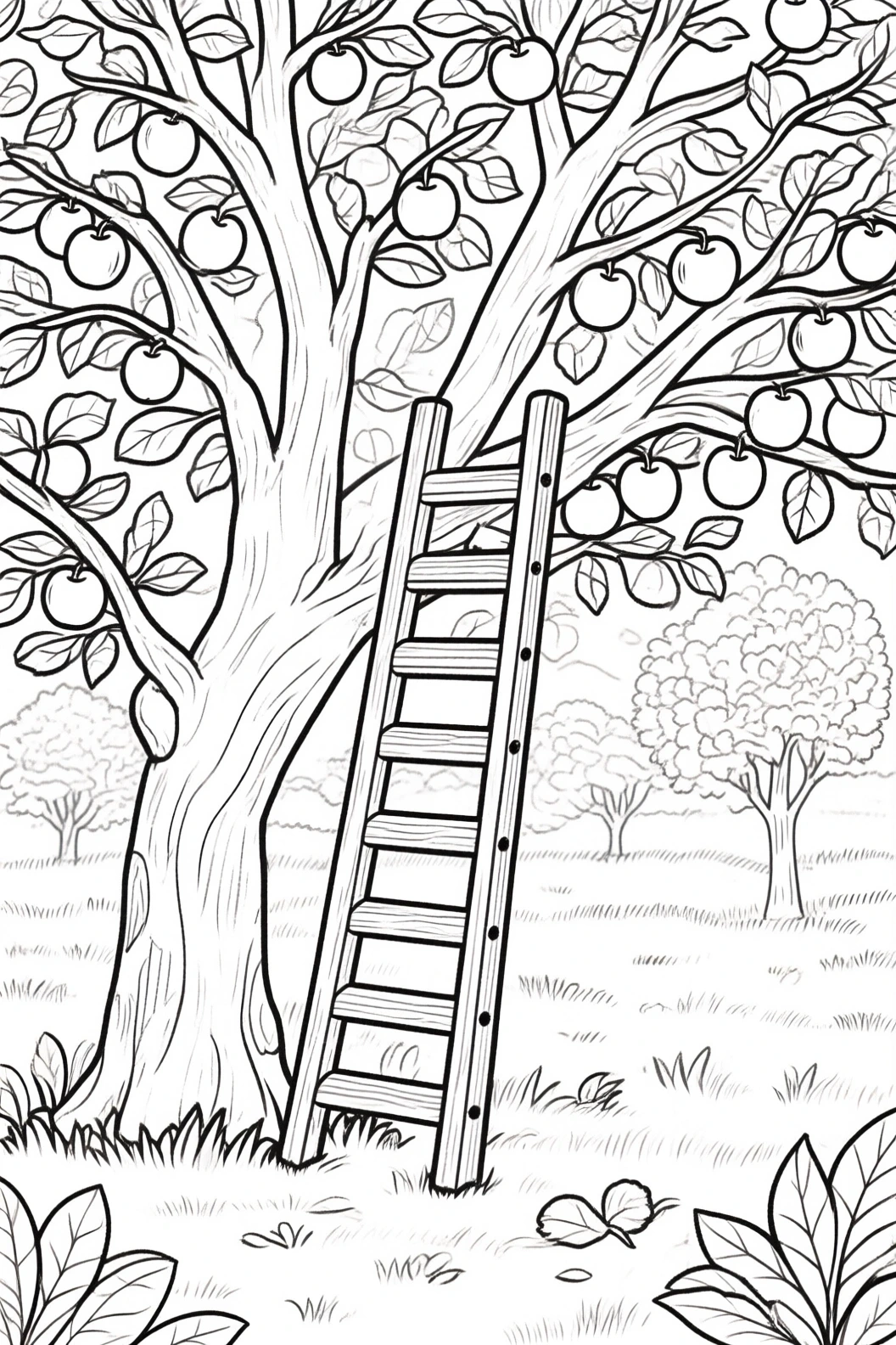 Black-and-white line drawing of an apple orchard with a ladder leaning against a tree, ripe apples on branches and distant trees; ideal printable coloring page, kids' coloring page, detailed coloring