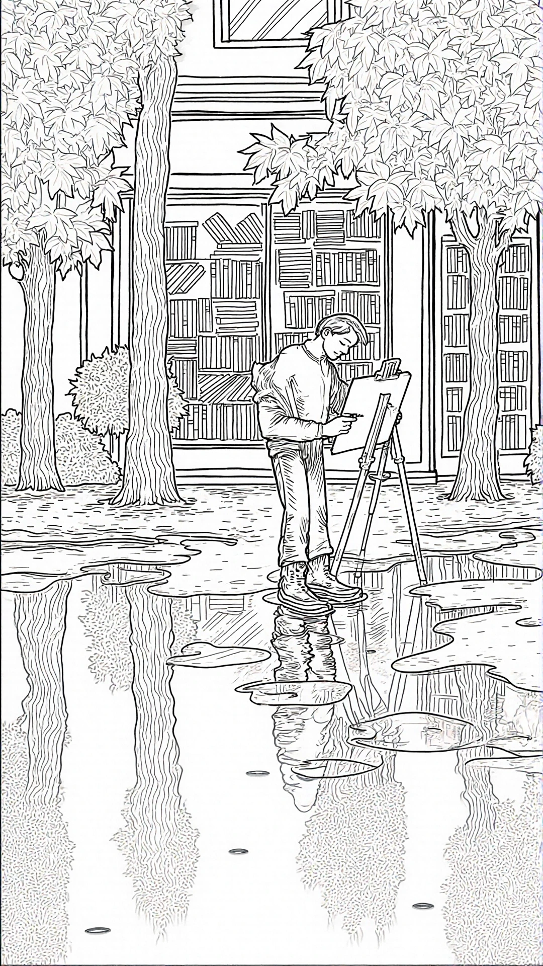 Black and white line art of a person painting at an easel outdoors in front of a building with trees and puddle reflections detailed coloring page, kids' coloring page, printable coloring page