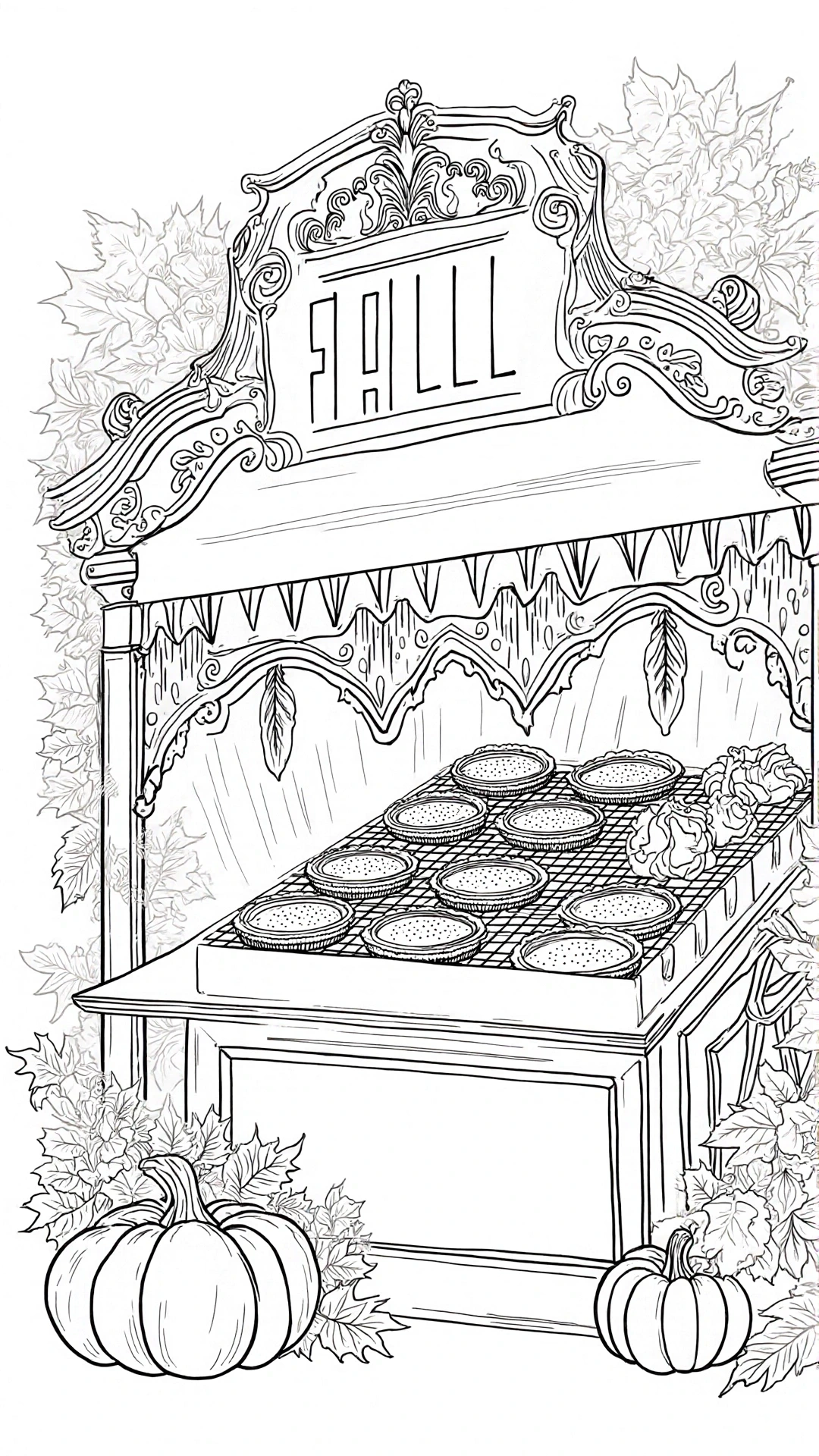 Intricate fall market pie stand line art with pumpkins and leaves detailed coloring page, kids' coloring page, printable coloring page and coloring sheets for autumn and Halloween activities.