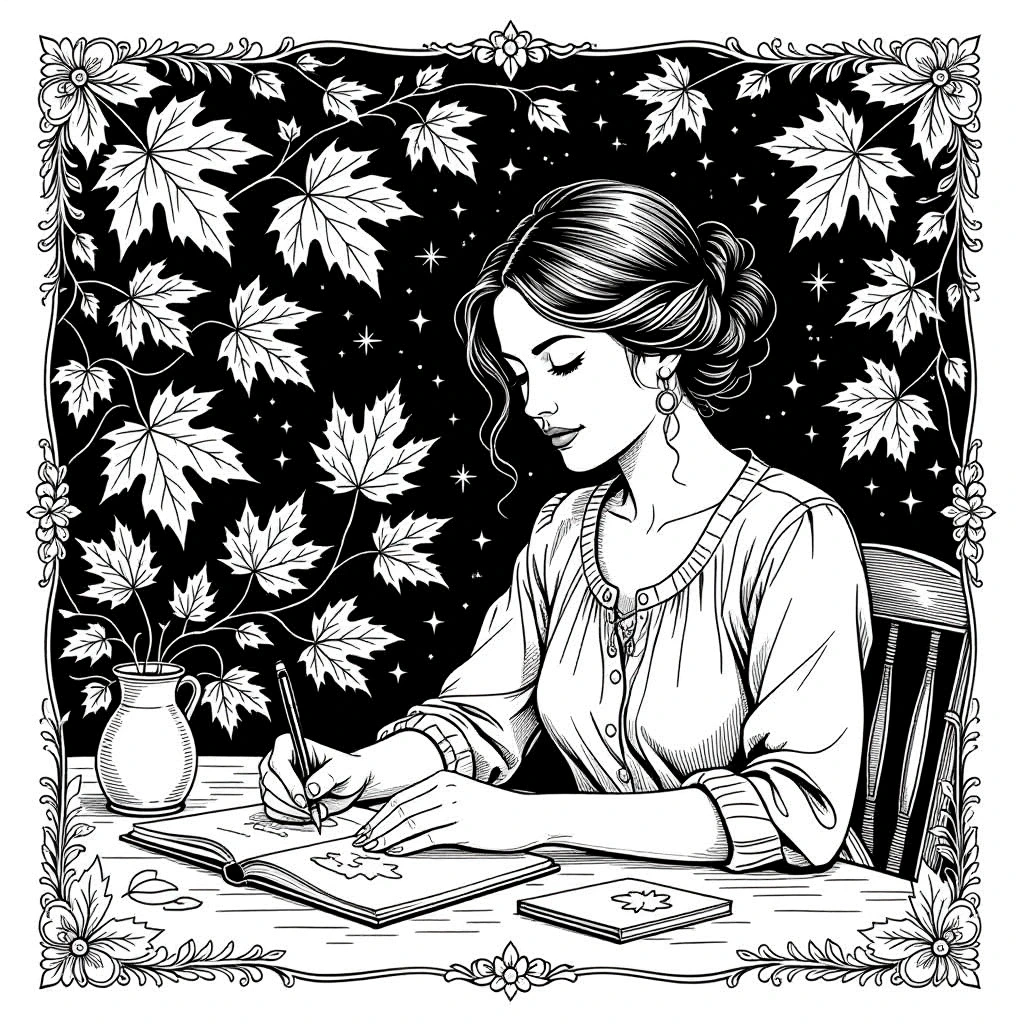 A detailed black-and-white fall coloring page of a woman drawing maple leaves at a table surrounded by decorative leaves and stars printable coloring sheet for people and nature scenes, suitable for.