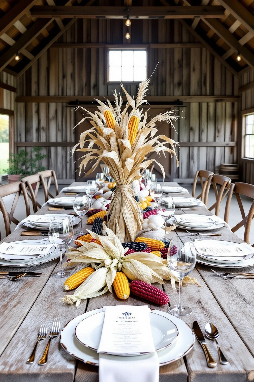 Rustic harvest table centerpiece with dried corn husks and multicolored ears of corn on a wooden table; great reference for printable coloring page, detailed coloring page, kids' coloring page and